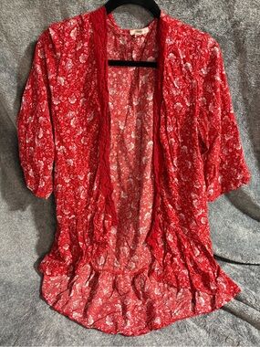 Maurices Red Floral Sheer Open Cardigan